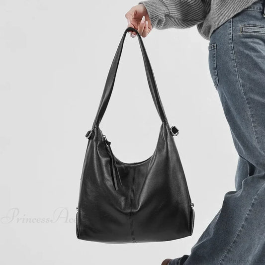 Luxury Genuine Leather Large Hobo Shoulder Bag Black shoulder-250126