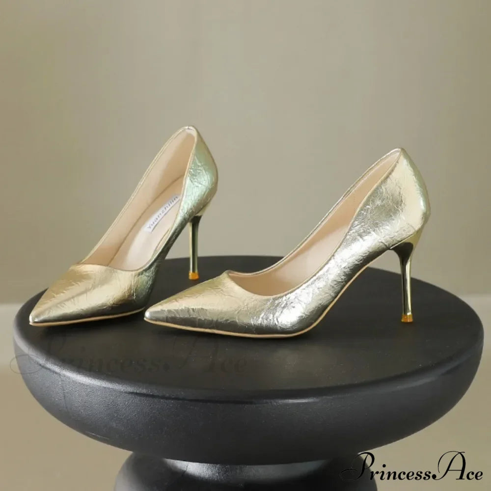 Luxury Gold Shiny Pumps Brand Large Size Sexy Party Pointed Toe Wedding High Heel