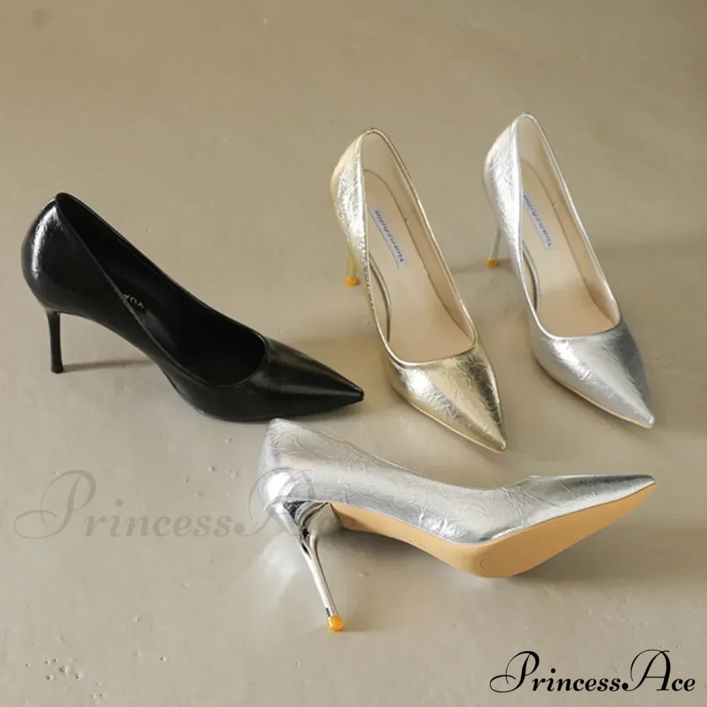 Luxury Gold Shiny Pumps Brand Large Size Sexy Party Pointed Toe Wedding High Heel