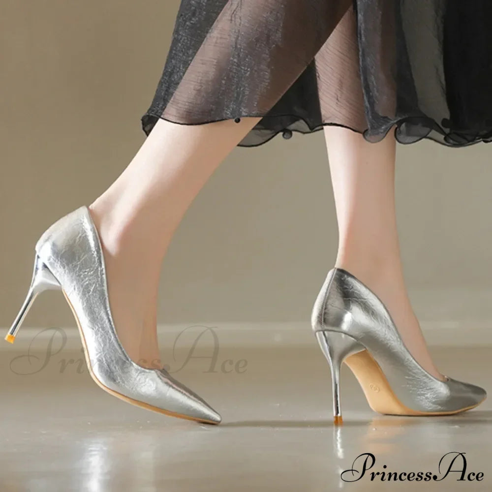 Luxury Gold Shiny Pumps Brand Large Size Sexy Party Pointed Toe Wedding High Heel Silver / 34