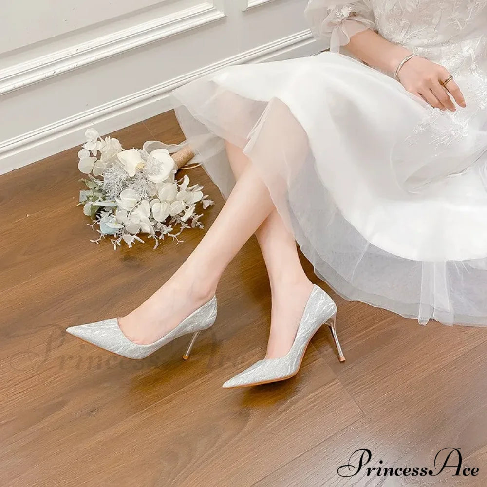 Luxury Gold Silver Pointed High Heels Party Wedding Pumps Designer Heel 6 Cm / 34