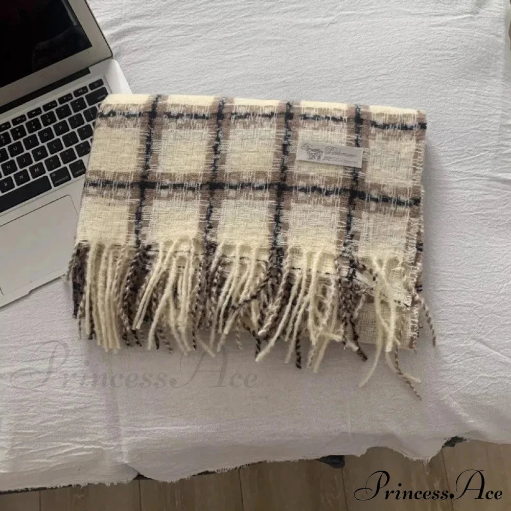 Luxury Plaid Cashmere Long Bandana Pashmina Scarf For Women Apricot 2 Scarfs-L