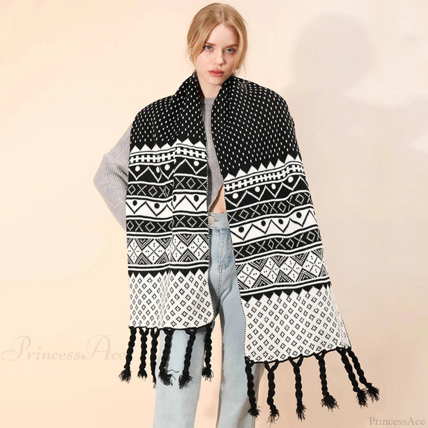 Luxury Plaid Cashmere Long Bandana Pashmina Scarf For Women Black Scarfs-L