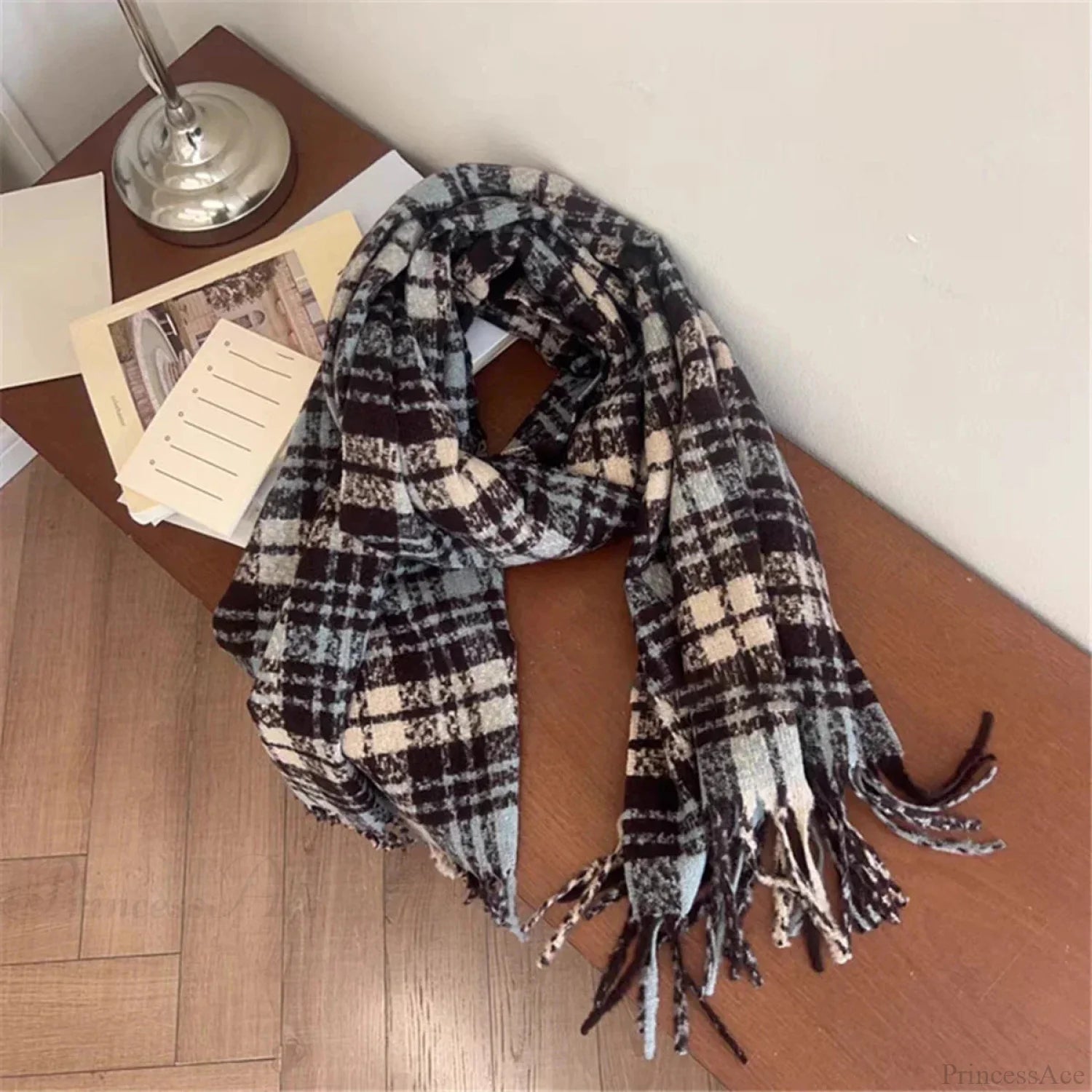 Luxury Plaid Cashmere Long Bandana Pashmina Scarf For Women Blue - Brown Scarfs-L