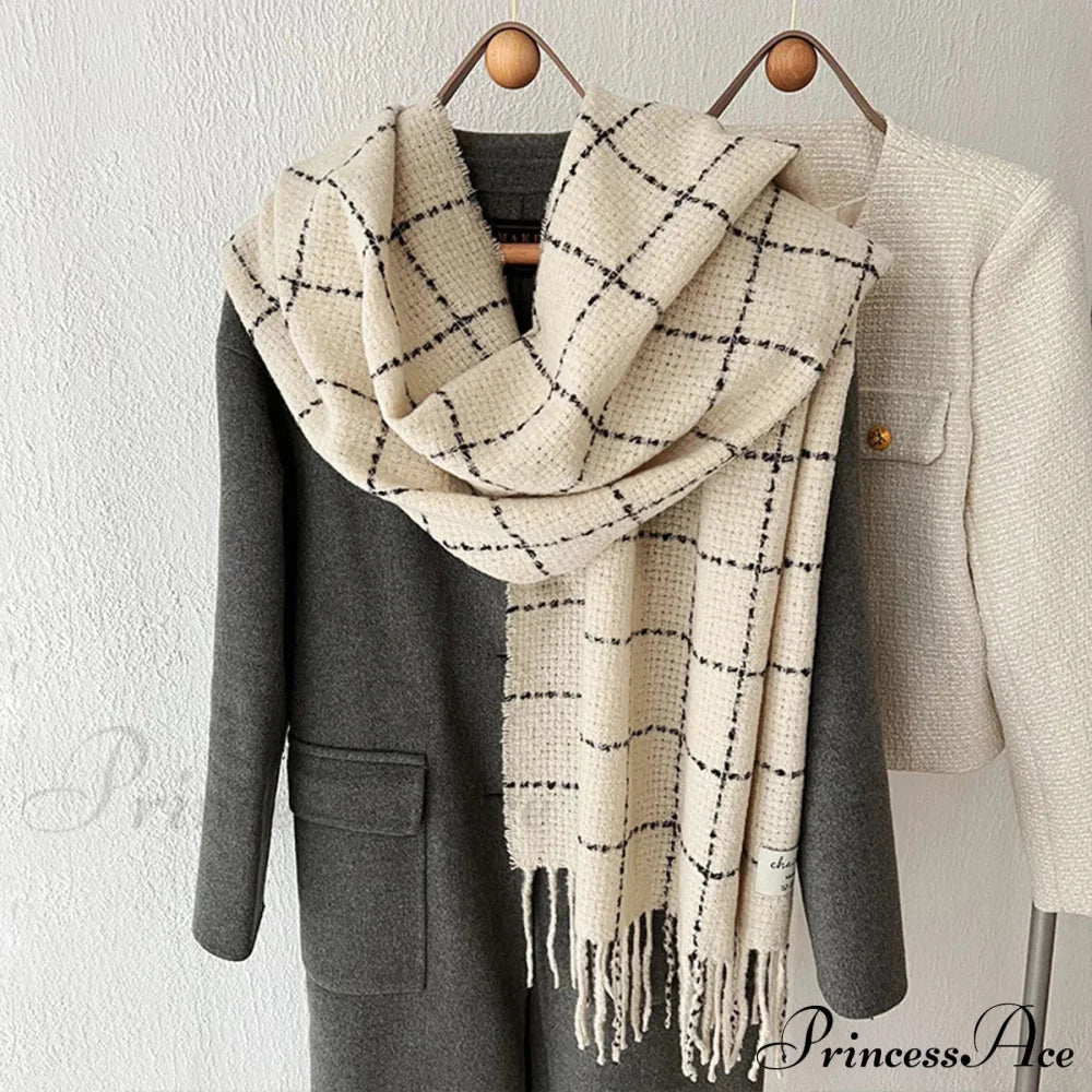 Luxury Plaid Cashmere Long Bandana Pashmina Scarf For Women White Scarfs-L