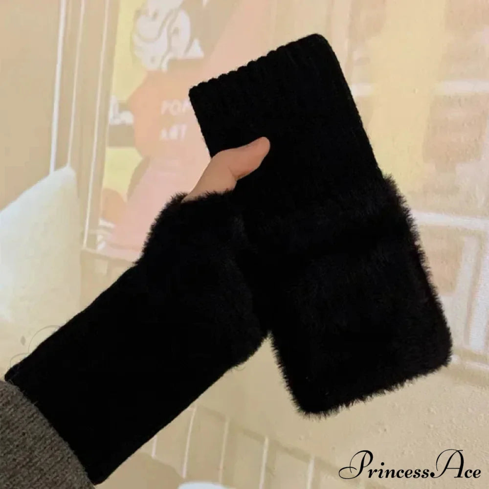 Luxury White Plush Knitted Fingerless Winter Writing Christmas Glove Black Gloves-L