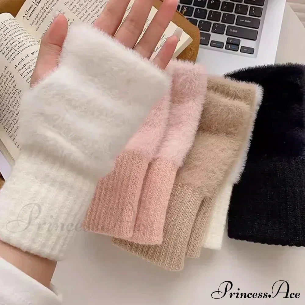 Luxury White Plush Knitted Fingerless Winter Writing Christmas Glove Gloves-L