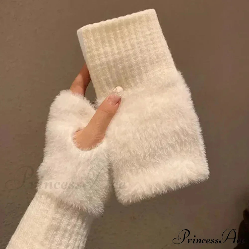 Luxury White Plush Knitted Fingerless Winter Writing Christmas Glove Gloves-L