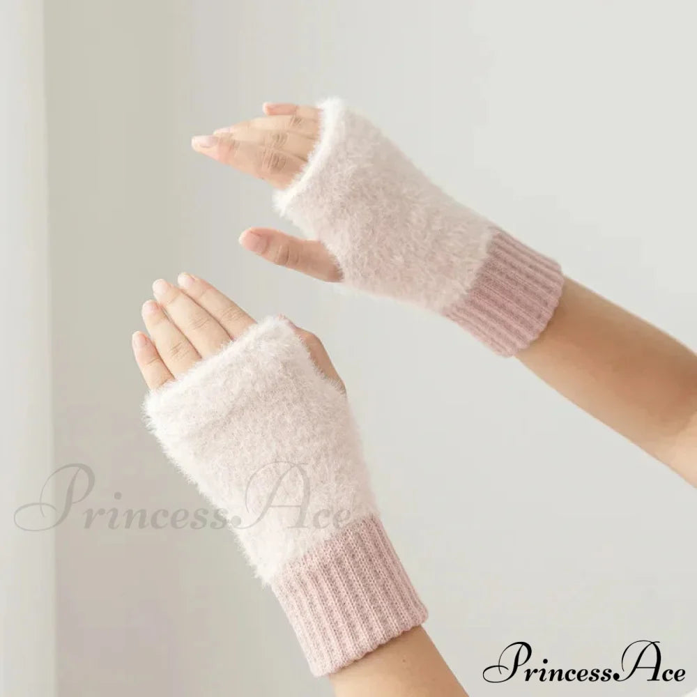 Luxury White Plush Knitted Fingerless Winter Writing Christmas Glove Gloves-L