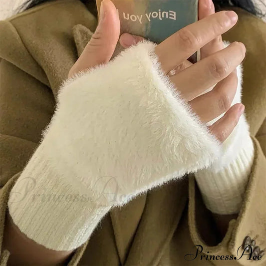 Luxury White Plush Knitted Fingerless Winter Writing Christmas Glove Gloves-L