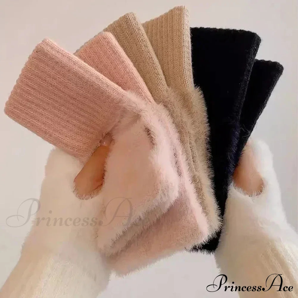 Luxury White Plush Knitted Fingerless Winter Writing Christmas Glove Gloves-L