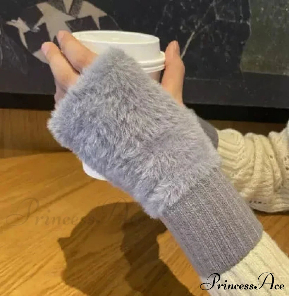 Luxury White Plush Knitted Fingerless Winter Writing Christmas Glove Gray Gloves-L