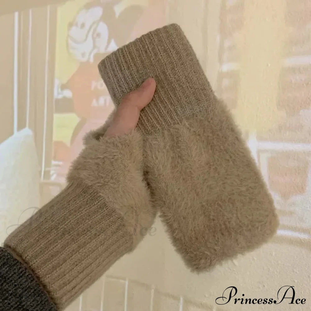 Luxury White Plush Knitted Fingerless Winter Writing Christmas Glove Khaki Gloves-L