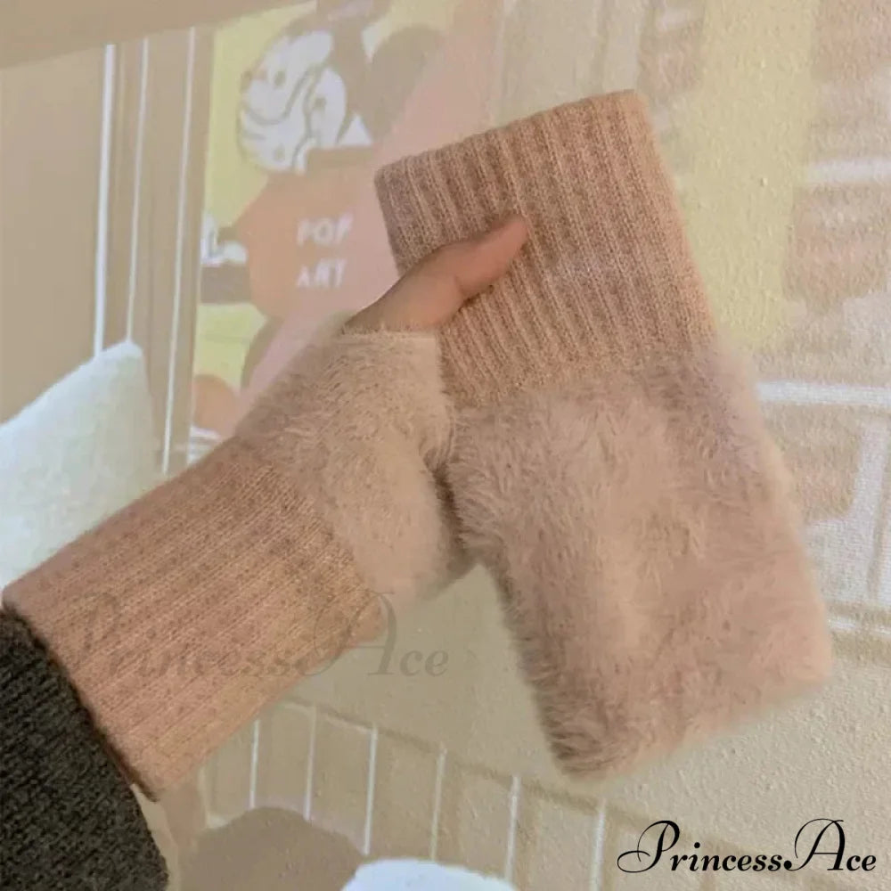 Luxury White Plush Knitted Fingerless Winter Writing Christmas Glove Pink Gloves-L