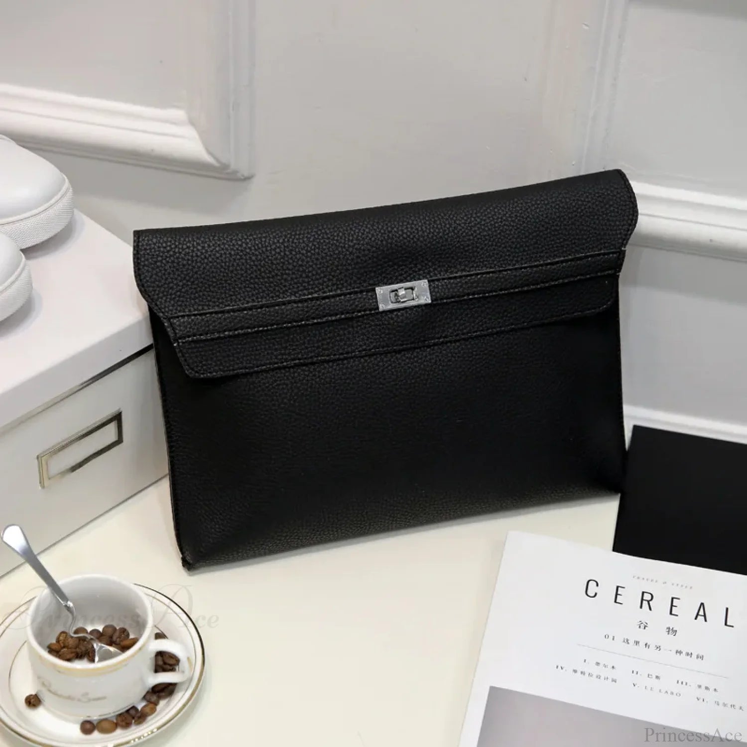 Lychee Pattern PU Leather Envelope Wristlet big black wristlet-250126