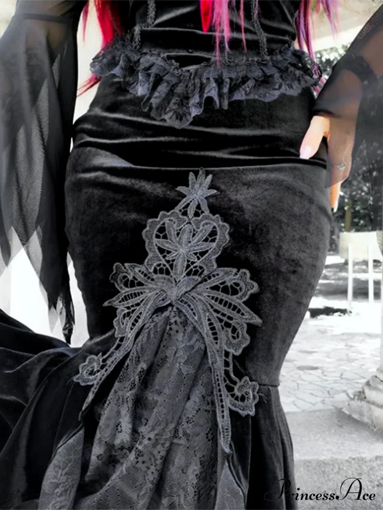 Mall Goth High Waist Ruffle Fishtail Half Women Slim Fold Elastic Wrapped Hip Sweet Skirt Halloween