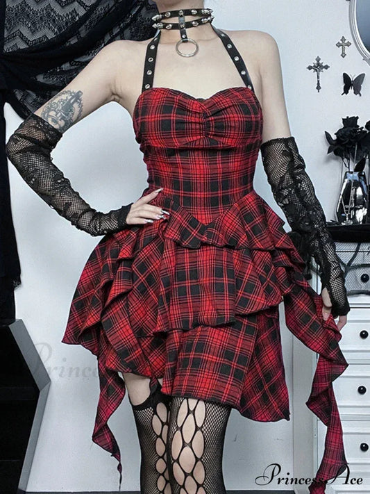 Mall Goth Lolita Red Plaid Streetwear Harajuku Punk Y2K E-Girl High Waist Irregular Gothic Dress