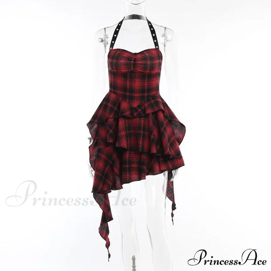 Mall Goth Lolita Red Plaid Streetwear Harajuku Punk Y2K E-Girl High Waist Irregular Gothic Dress