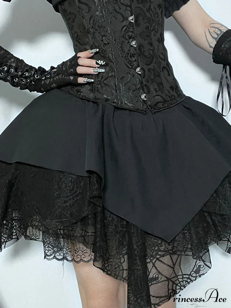 Mall Goth Mesh Black Women Lace Splice Ball Gown Aesthetic High Waist E Girl Skirt Halloween