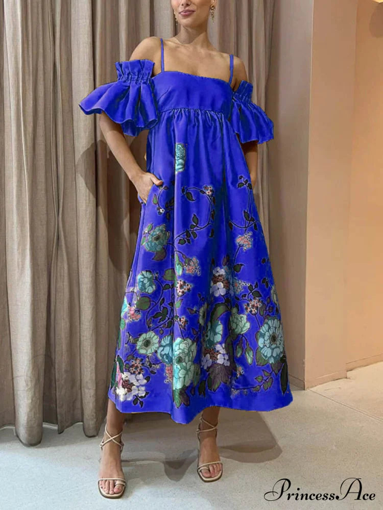 Marigold Printed Gathered Sleeve Graceful Pocketed A-Line Midi Dress Blue / S Dresses