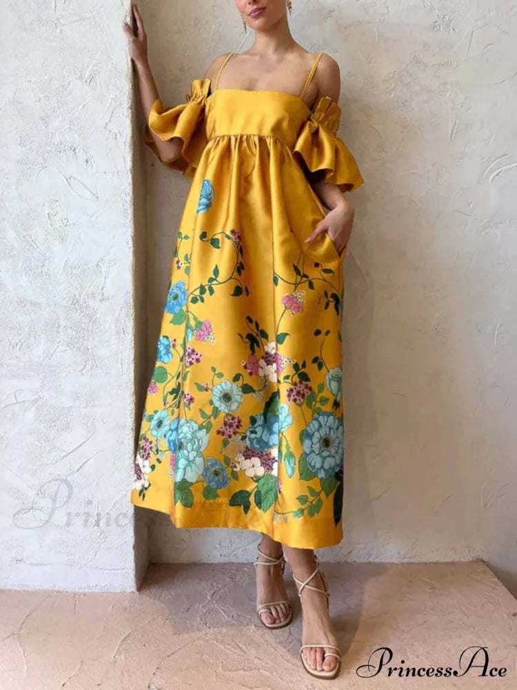 Marigold Printed Gathered Sleeve Graceful Pocketed A-Line Midi Dress Dresses