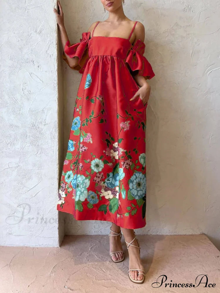 Marigold Printed Gathered Sleeve Graceful Pocketed A-Line Midi Dress Dresses