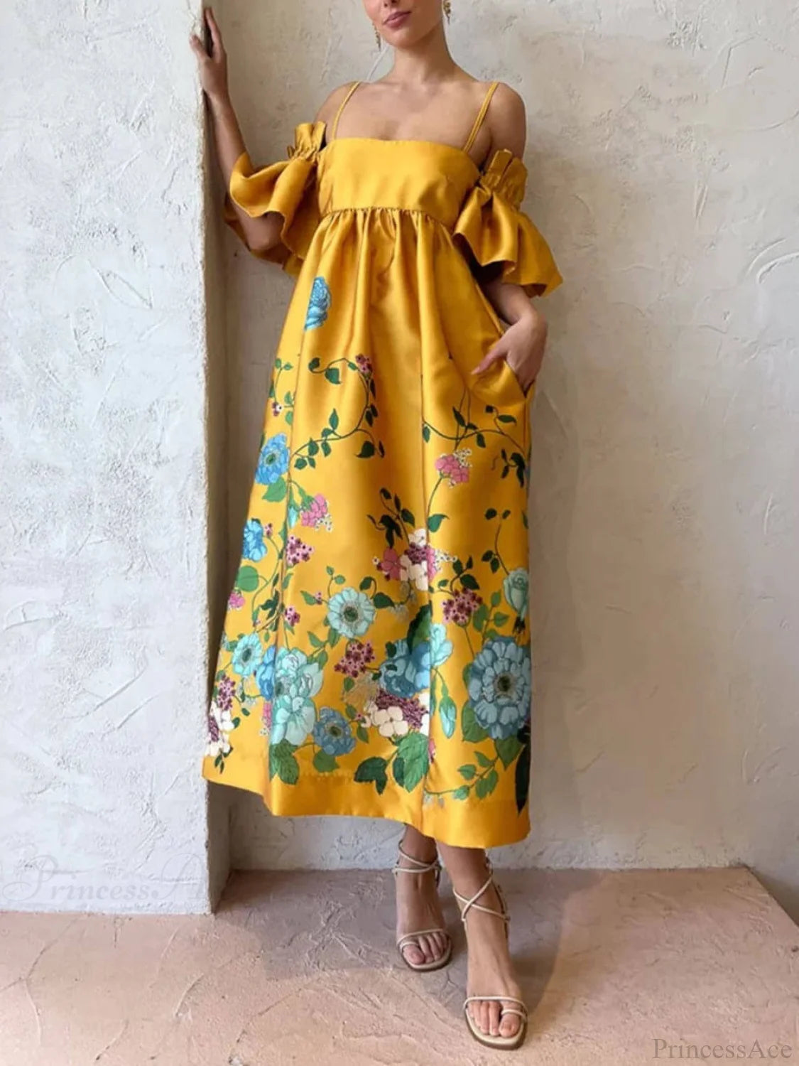 Marigold Printed Gathered Sleeve Graceful Pocketed A-Line Midi Dress Dresses