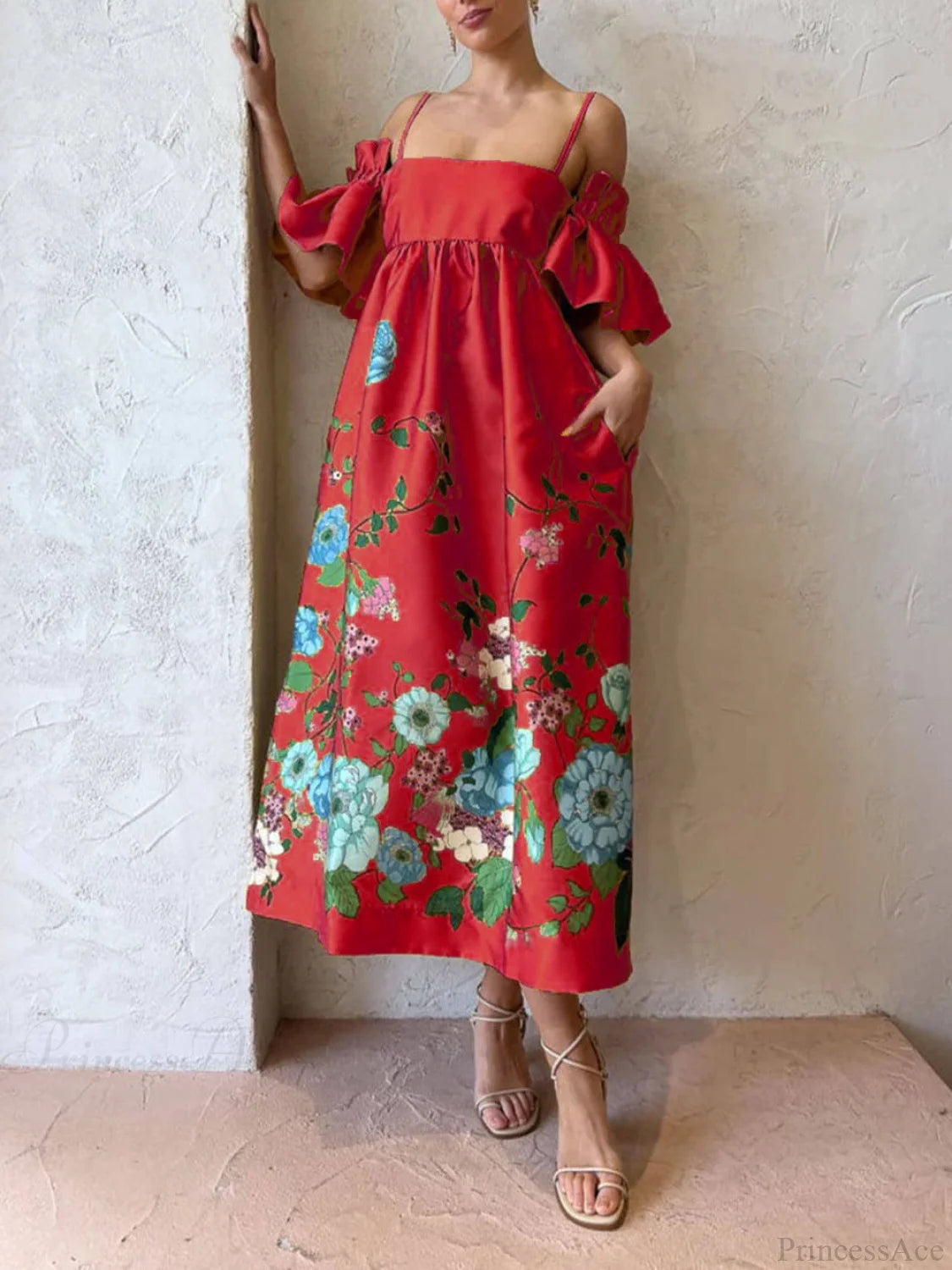 Marigold Printed Gathered Sleeve Graceful Pocketed A-Line Midi Dress Dresses