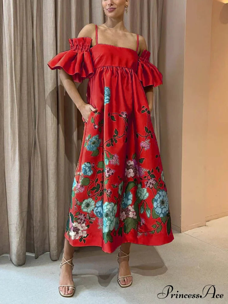 Marigold Printed Gathered Sleeve Graceful Pocketed A-Line Midi Dress Red / S Dresses