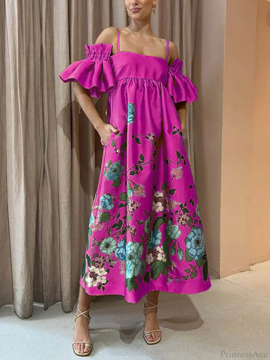 Marigold Printed Gathered Sleeve Graceful Pocketed A-Line Midi Dress Rose Red / S Dresses