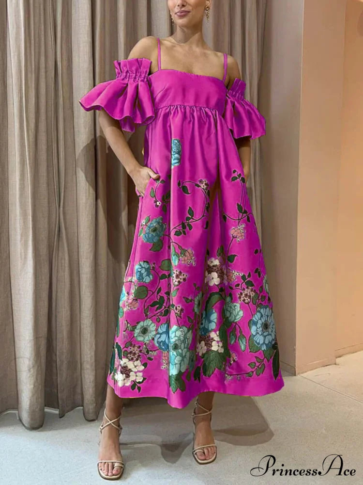 Marigold Printed Gathered Sleeve Graceful Pocketed A-Line Midi Dress Rose Red / S Dresses