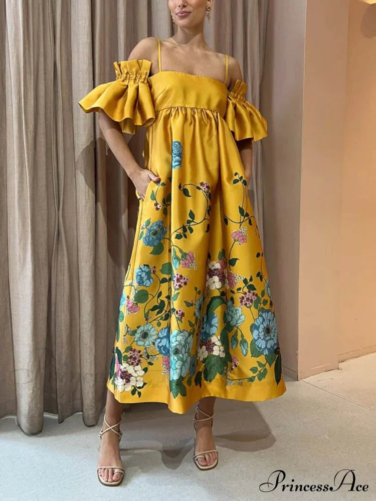 Marigold Printed Gathered Sleeve Graceful Pocketed A-Line Midi Dress Yellow / S Dresses