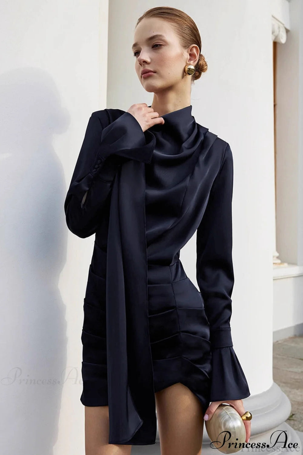 Matte Satin Ruffle Sleeve Stand Collar Mini Dress Navy Blue / S