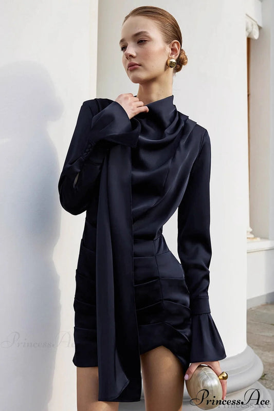 Matte Satin Ruffle Sleeve Stand Collar Mini Dress Navy Blue / S