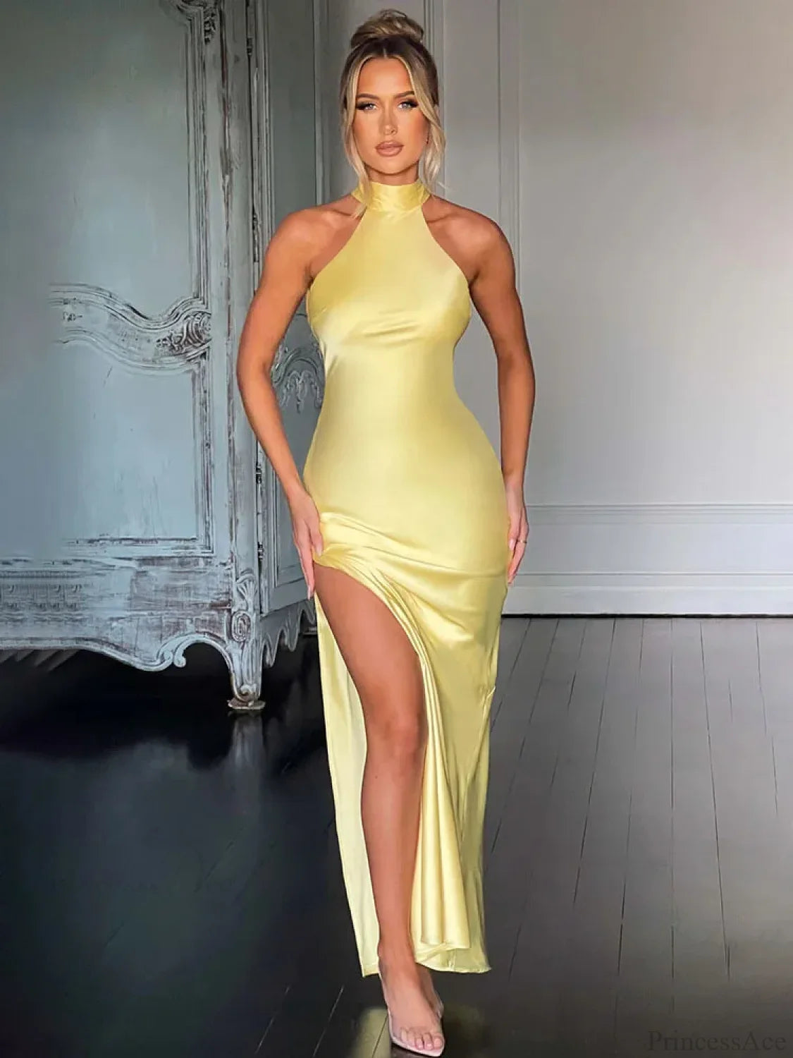 Maxi Long Vacation Dress Women Halter Yellow / S vacationdress-250223