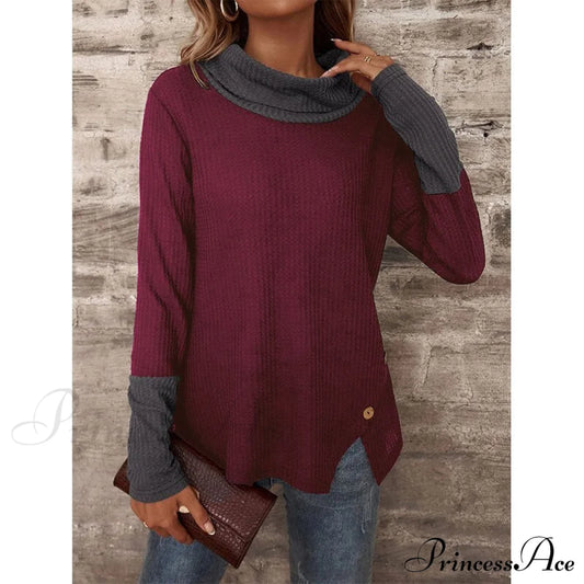 Medium Length Color Check Two Loose Splicing T-Shirt Vintage Waffle Button Arm Women’s Long