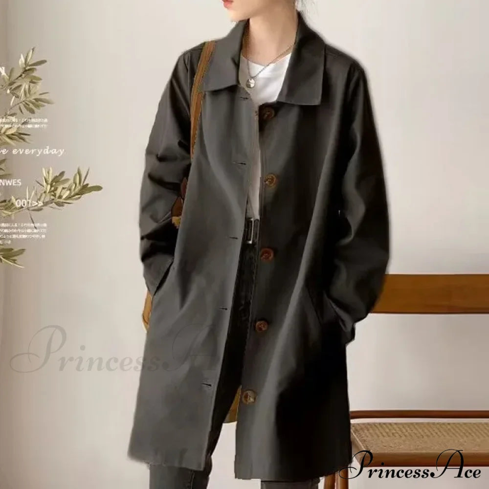 Medium-Length Korean Style Trench Loose Fit Solid Color Spring Autumn Trendy Innerwear Coat Black /