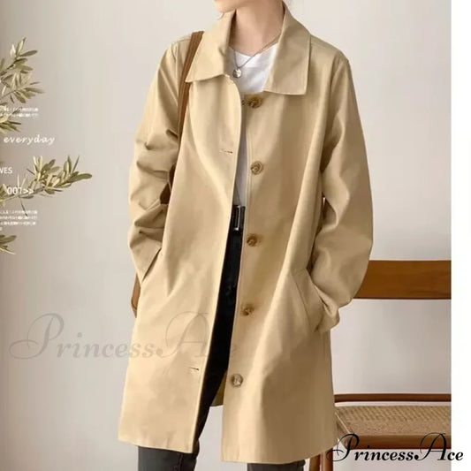 Medium-Length Korean Style Trench Loose Fit Solid Color Spring Autumn Trendy Innerwear Coat Coats-L