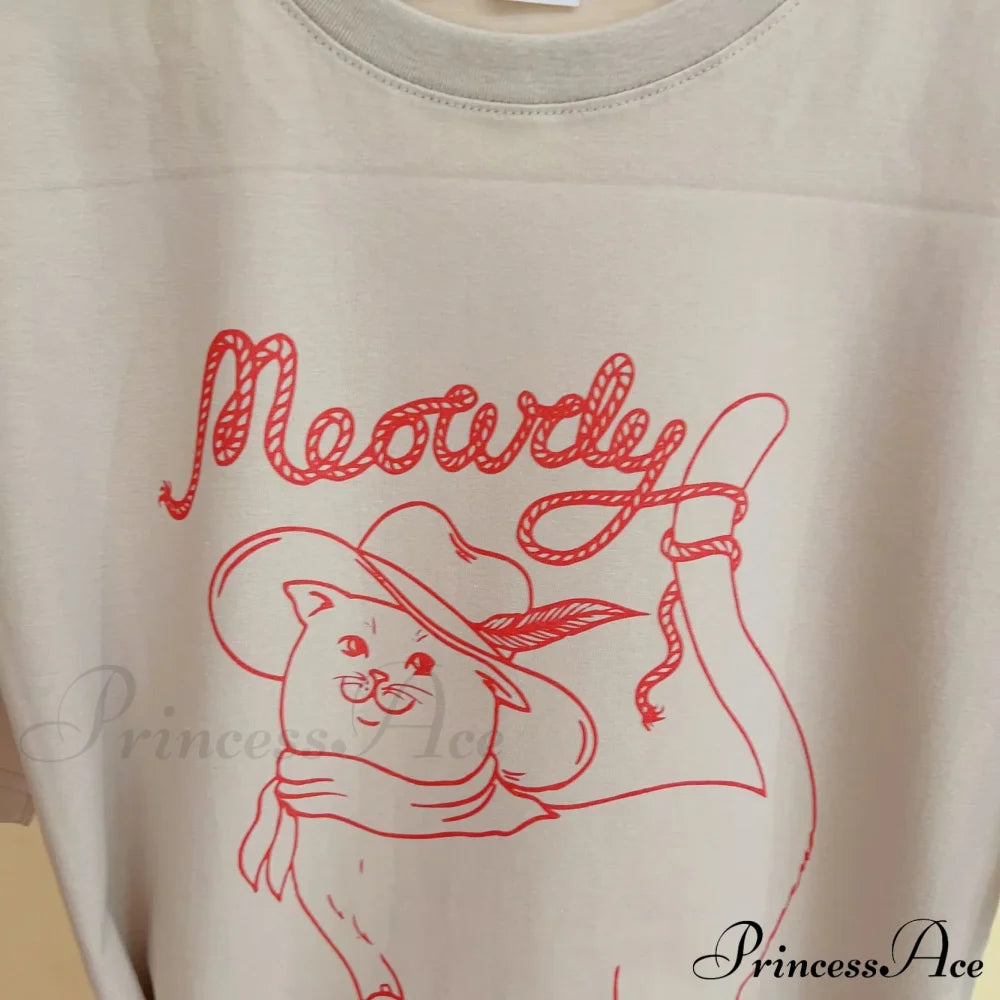 Meowdy Cat Stylish Graphic Tee Letter Print Cotton Tees