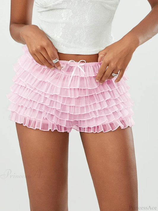 Mesh Bowknot Tiered Ruffle Short short-250223