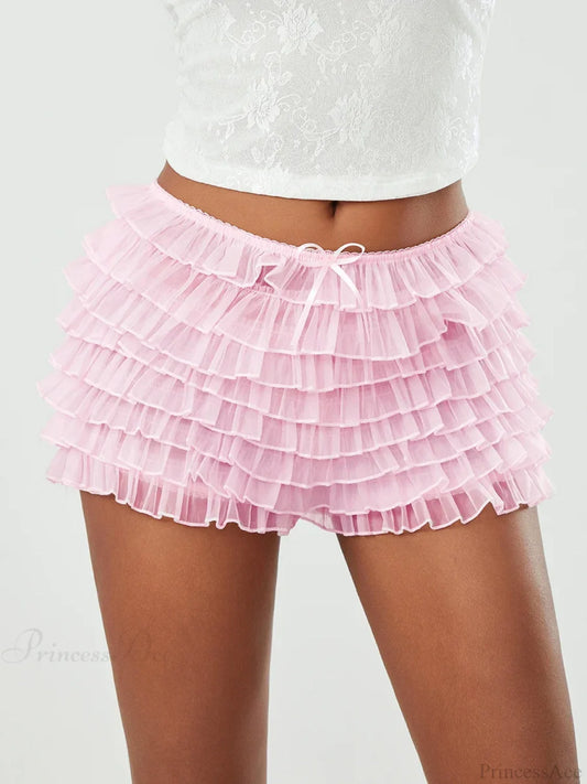 Mesh Bowknot Tiered Ruffle Short Pink / S short-250223