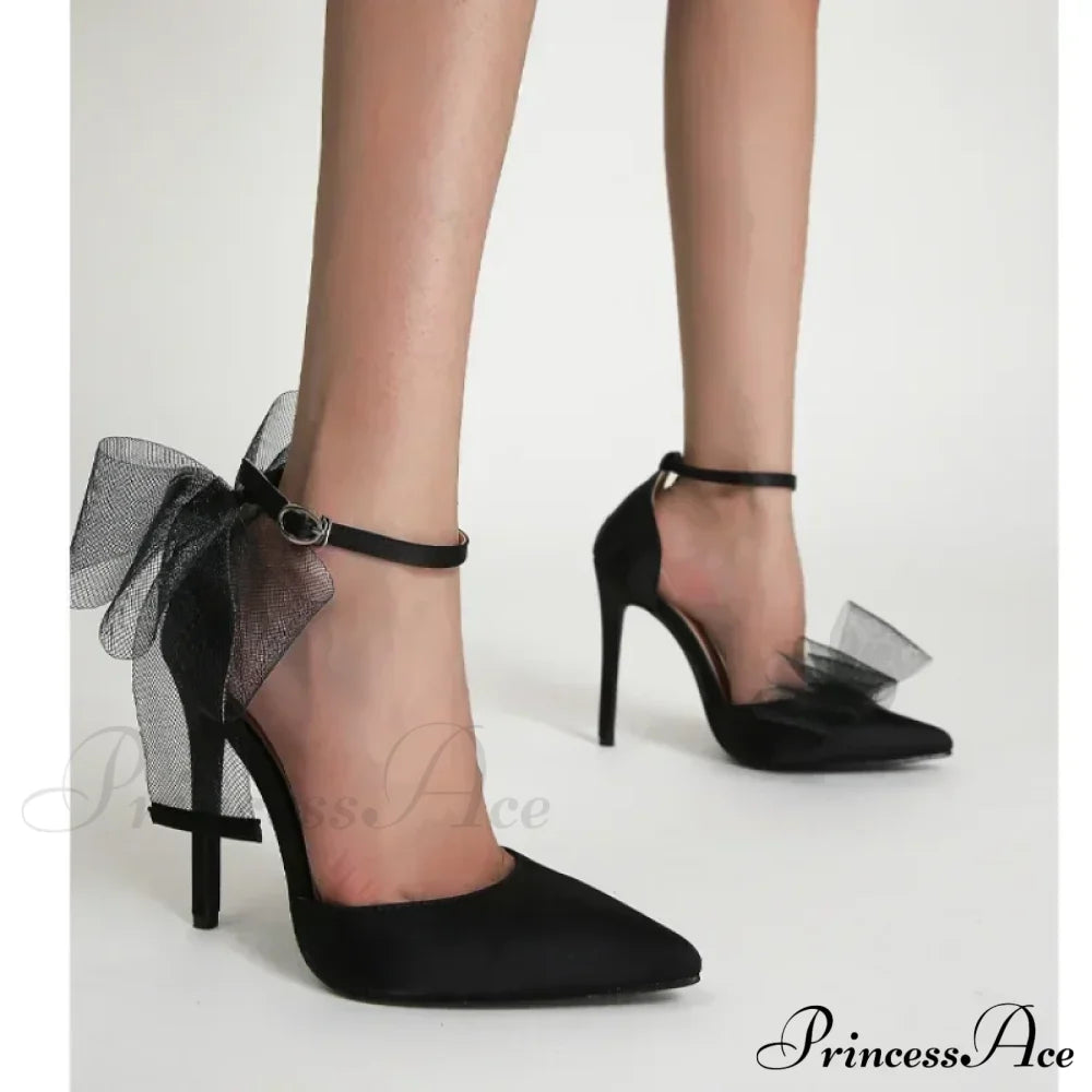 Mesh Butterfly-Knot Pumps Pointedbuckle Strap Cover Heel Thin High Heels Sexy Stiletto Wedding