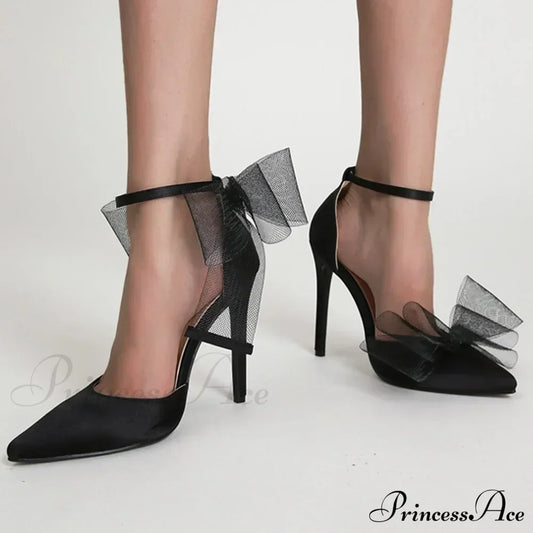 Mesh Butterfly-Knot Pumps Pointedbuckle Strap Cover Heel Thin High Heels Sexy Stiletto Wedding