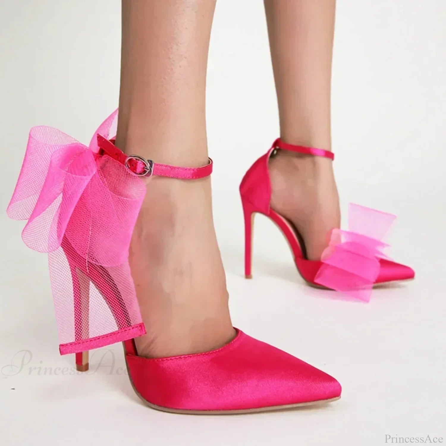 Mesh Butterfly-Knot Pumps Pointedbuckle Strap Cover Heel Thin High Heels Sexy Stiletto Wedding Rosy