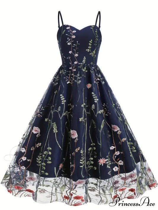 Mesh Floral Embroidery A Line Party Dress For Summer S / Red Black Floral Maxi Dress