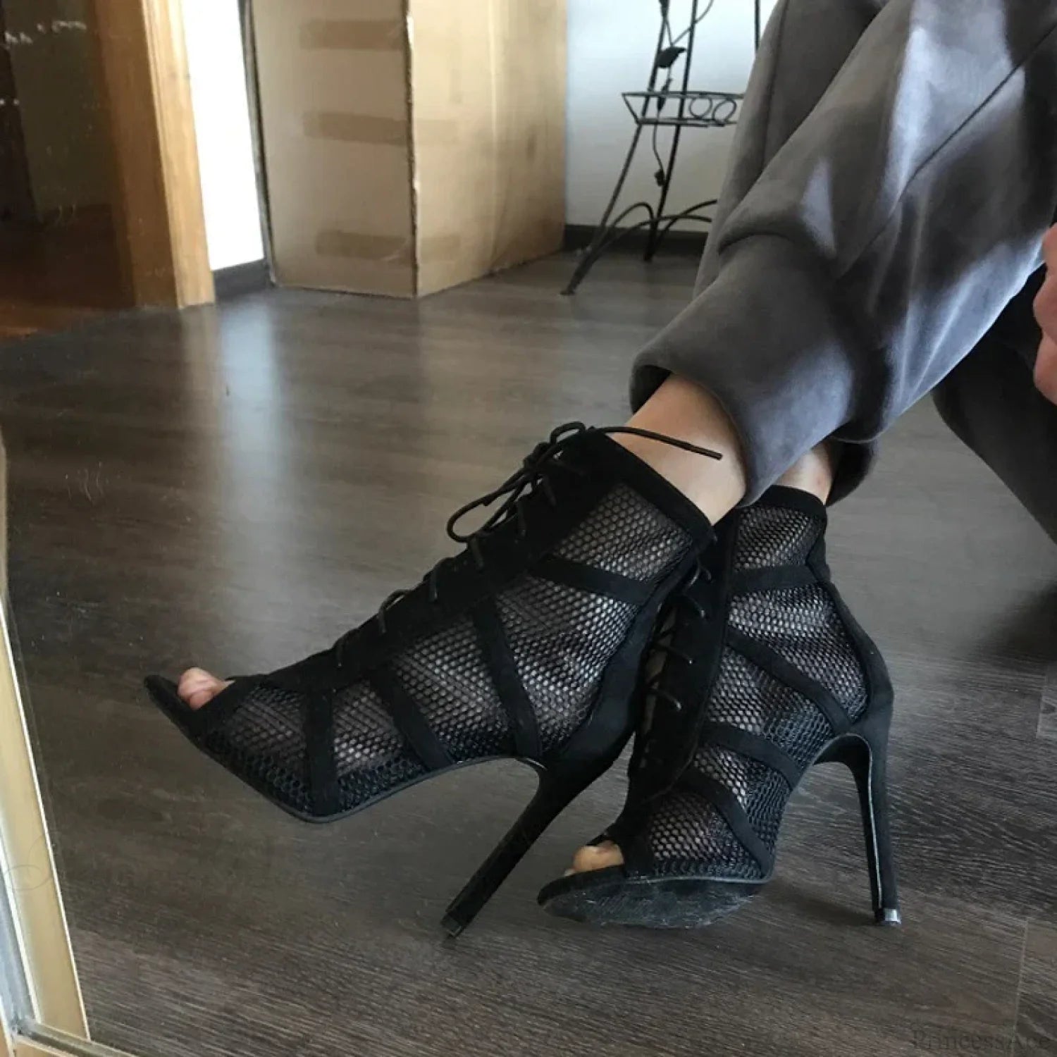 Mesh Hollow Lace-Up Sexy Cross-Tie Thin High Sandals Platform Dance Heel