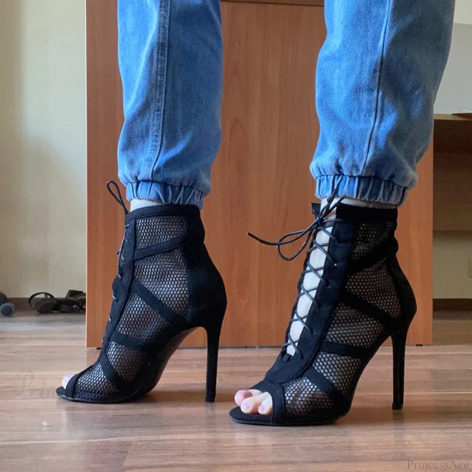 Mesh Hollow Lace-Up Sexy Cross-Tie Thin High Sandals Platform Dance Heel