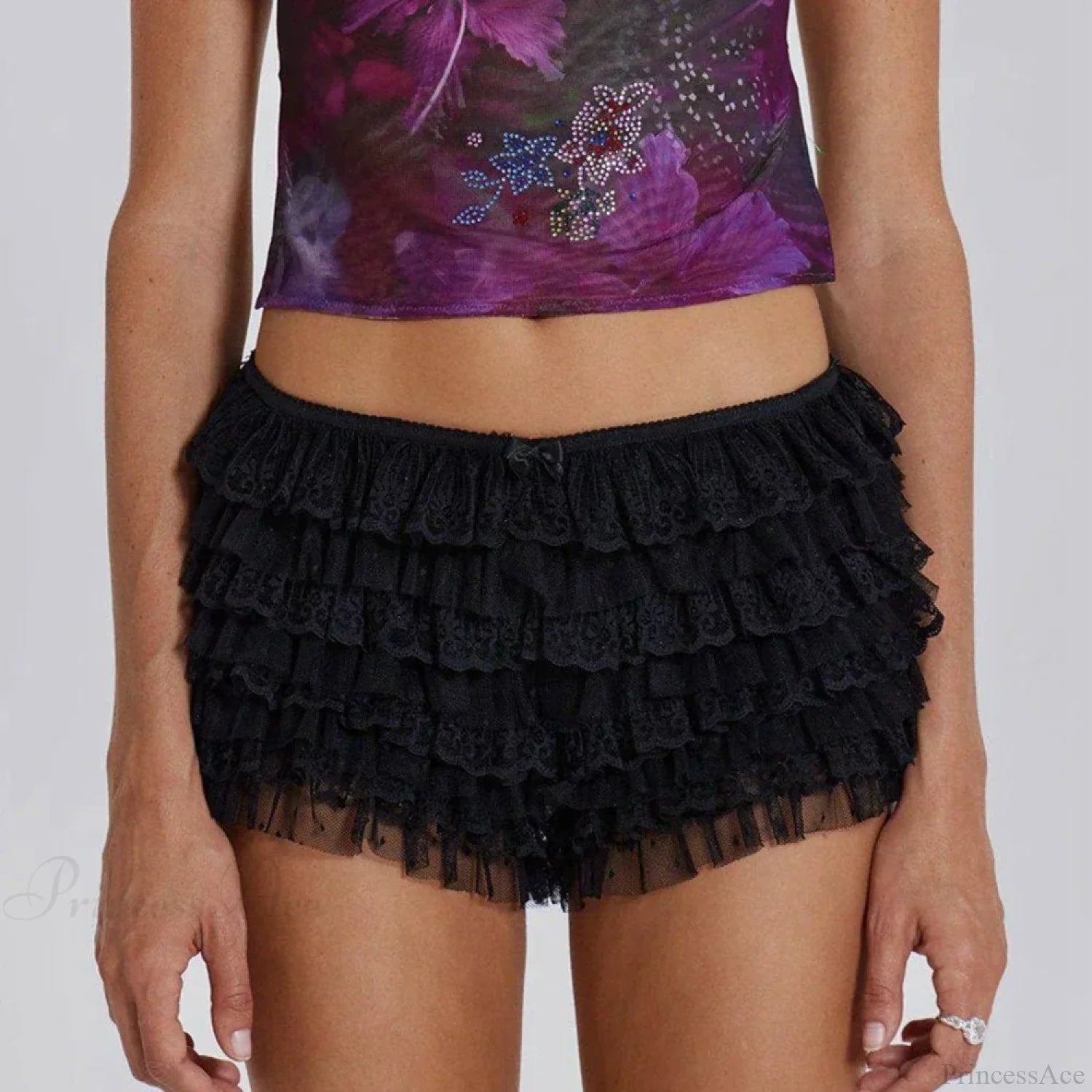 Mesh Lace Bowknot Booty Short Black / S short-250223