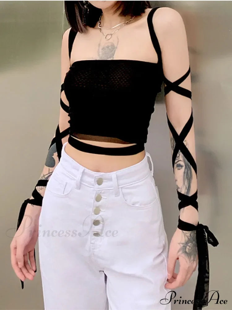 Mesh Lace Up Bandage Fairy Grunge Cyber Y2K Mall Goth Sexy Crop Top Halloween