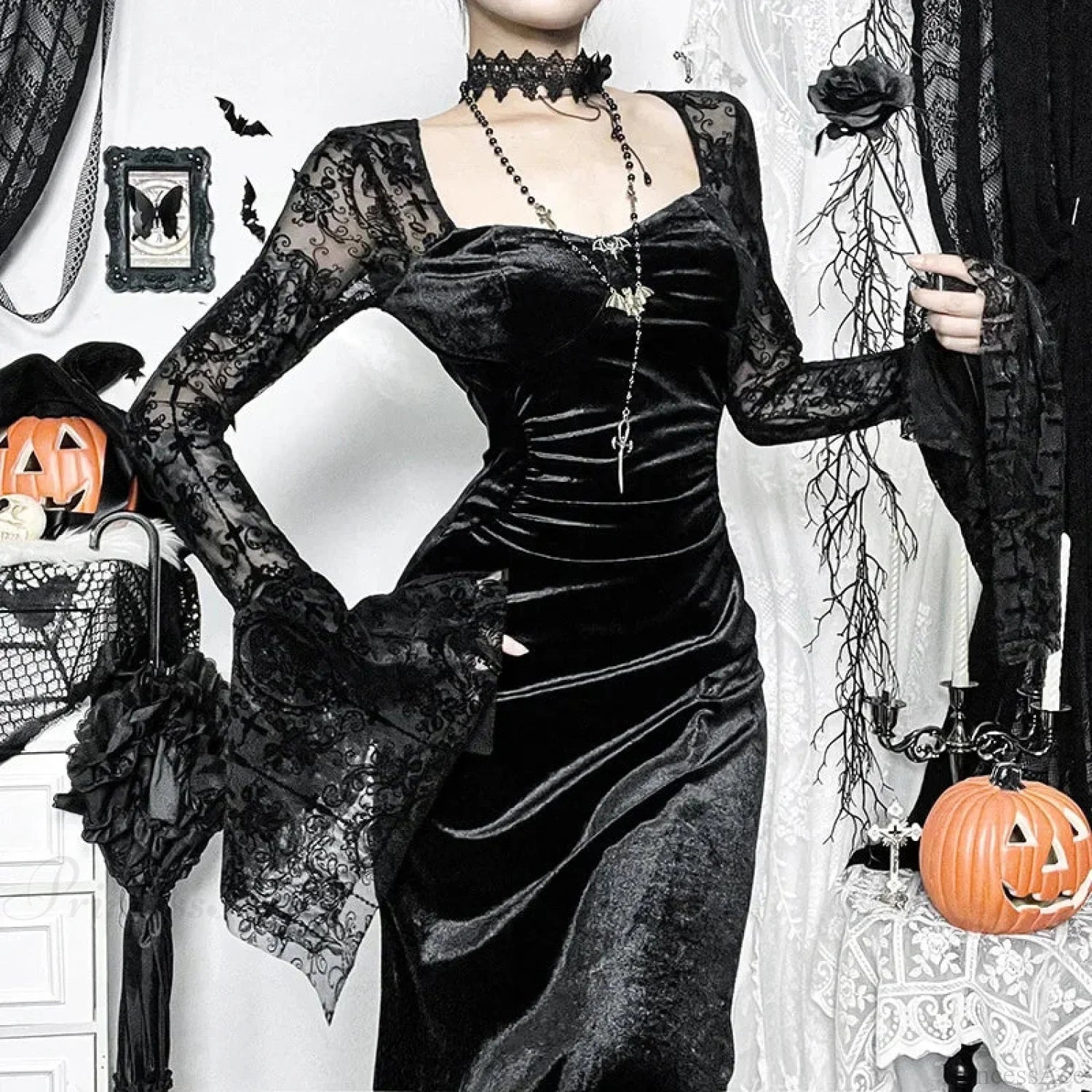 Mesh Net High Slit Flared Long Dress Black / XS